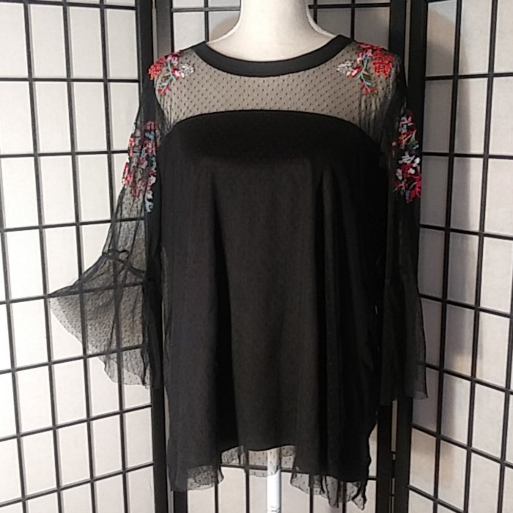 torrid Black Mesh Floral Embroidered Long Sleeve Blouse